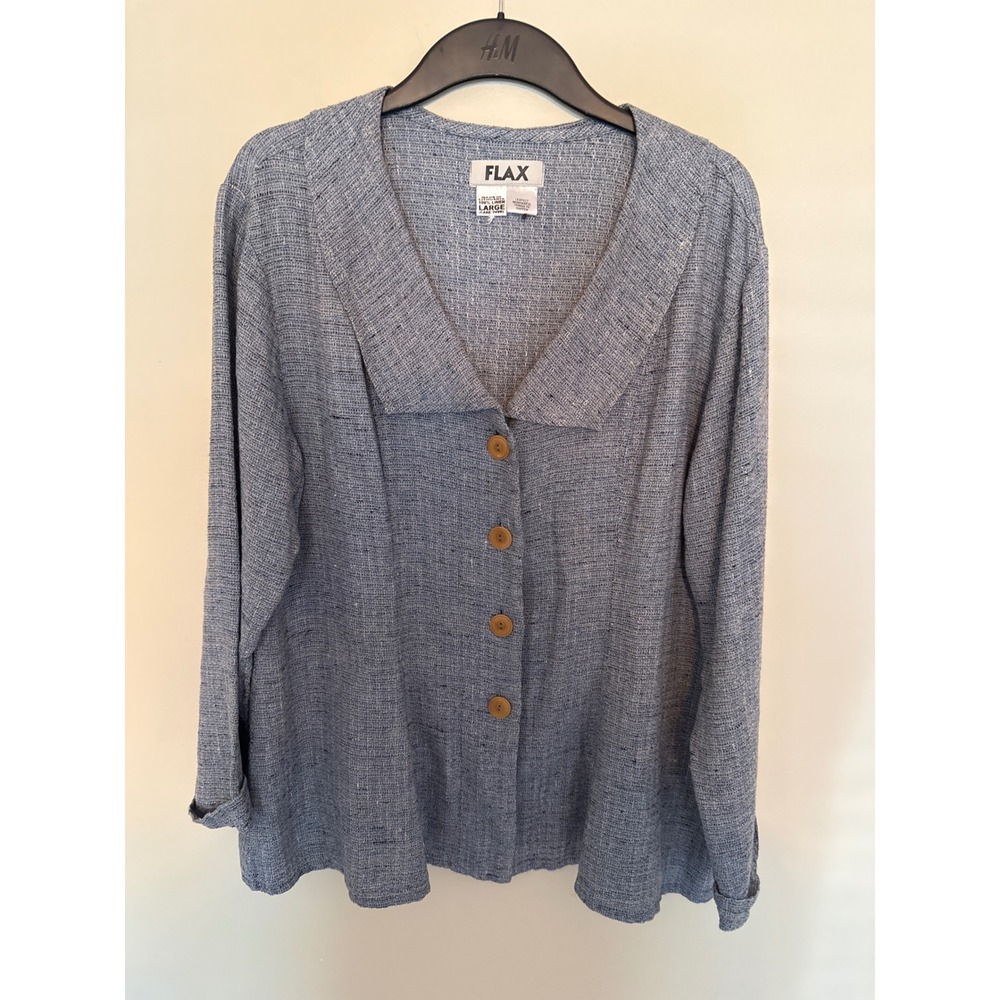 FLAX 100% Linen Blue Textured Button Down Shirt Large Shawl Collar Top